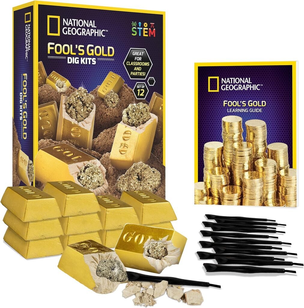 NATIONAL GEOGRAPHIC Fool’s Gold Dig Kit – 12 Gold Bar Dig Bricks with 2-3 Pyrite Specimens Inside, Party Activity with 12 Excavation Tool Sets, Great Stem Toy for Boys Girls or Party Favors